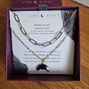 Luna Norte Genuine Onyx Stone Oxidized Silver 14K Gold Plated Brass Necklace